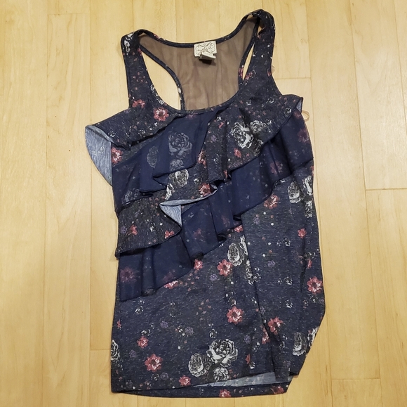 eyelash couture Tops - Blue floral tank with ruffle detail.